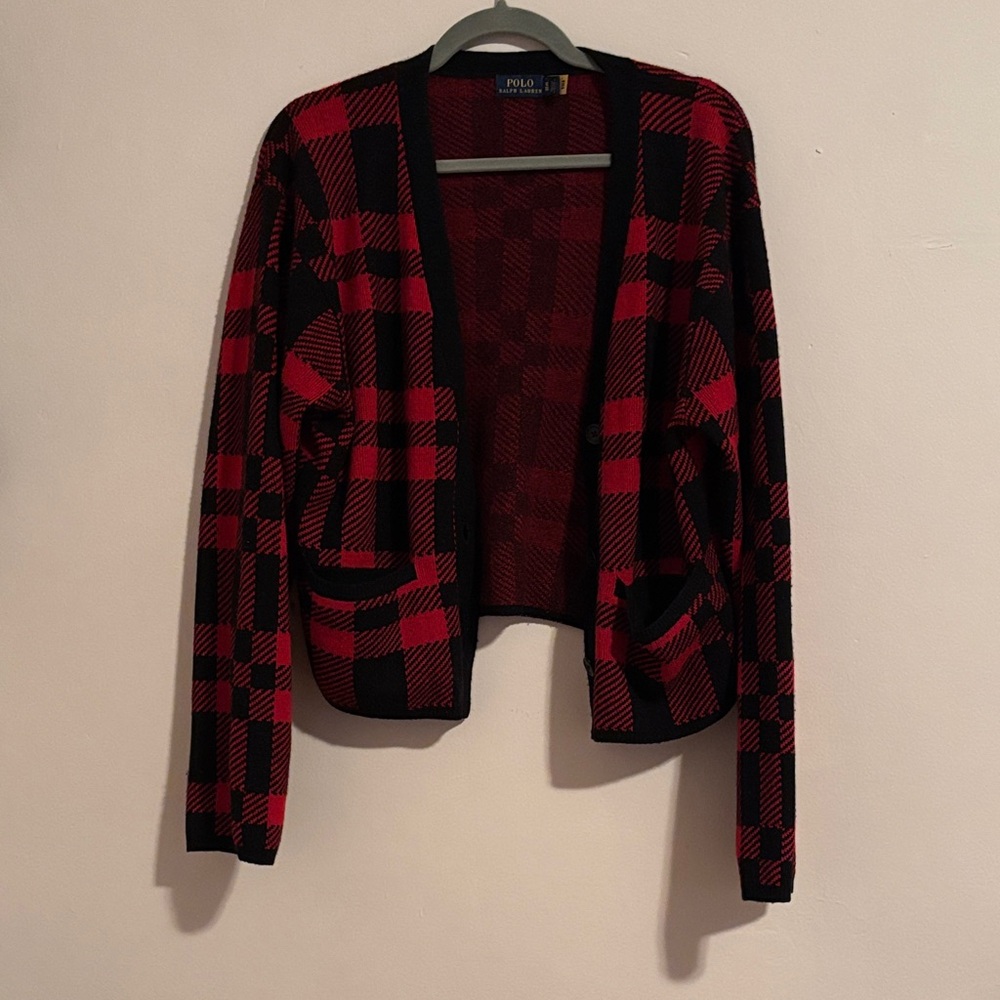 Polo by Ralph Lauren Women's Red and Black Checkered Cardigan